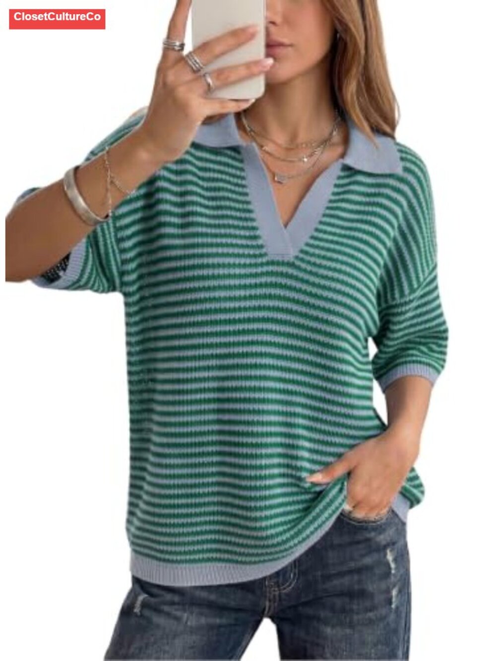Women's Striped Half Sleeve V-Neck Collared Knit Sweater Top